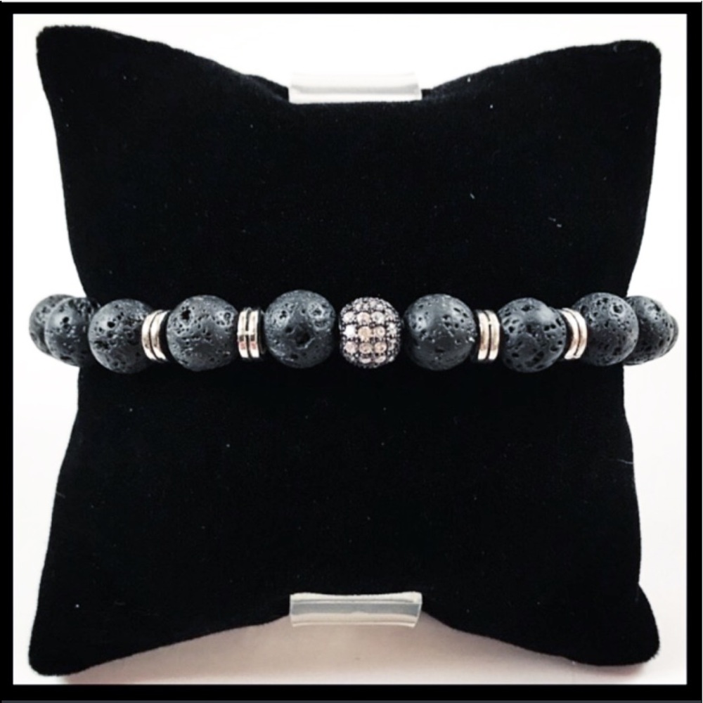 Women Lava rock black rodhium cz ball bracelet - Picture 4 of 10